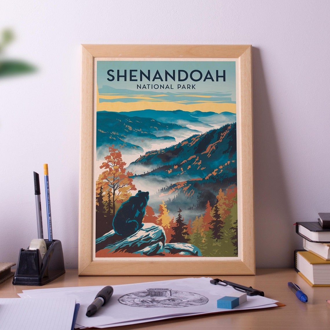 Shenandoah National Park Vintage Retro Bear Mountain Art Poster