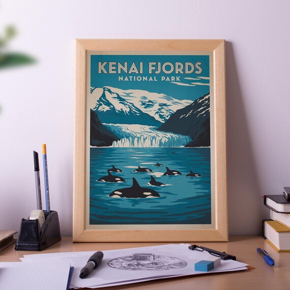 Kenai Fjords National Park Orcas Glacier Vintage Travel Poster