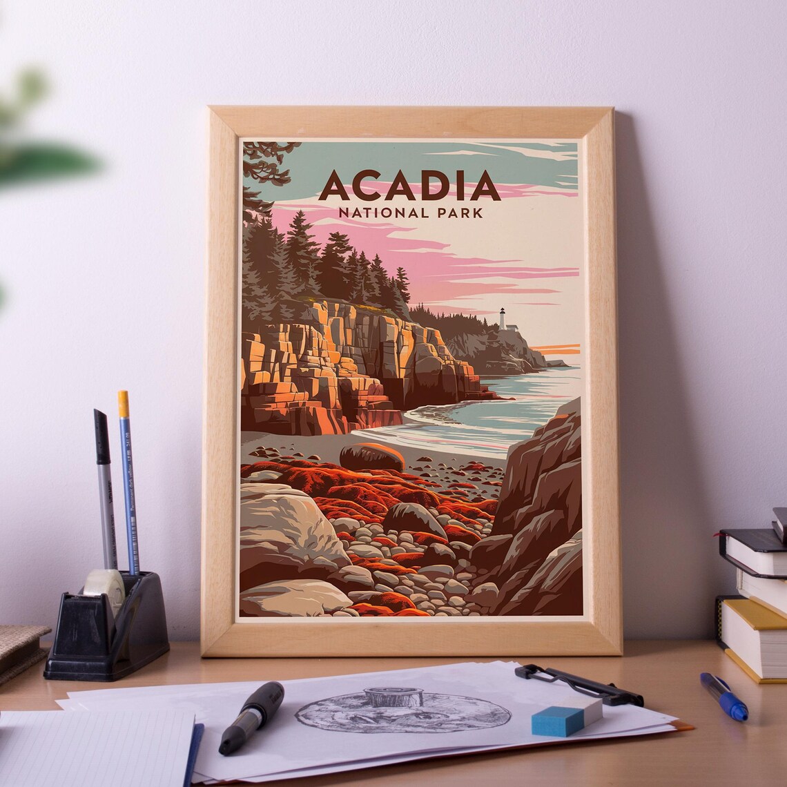 Acadia National Park Rocky Coast Lighthouse Sunset Vintage Art Poster