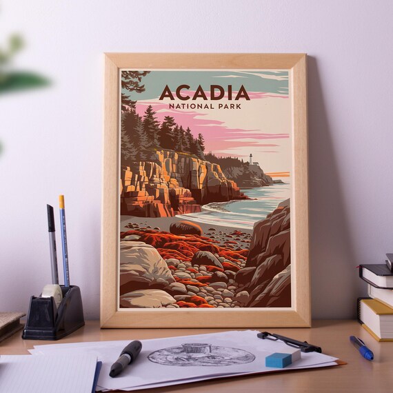 Acadia National Park Rocky Coast Lighthouse Sunset Vintage Art Poster