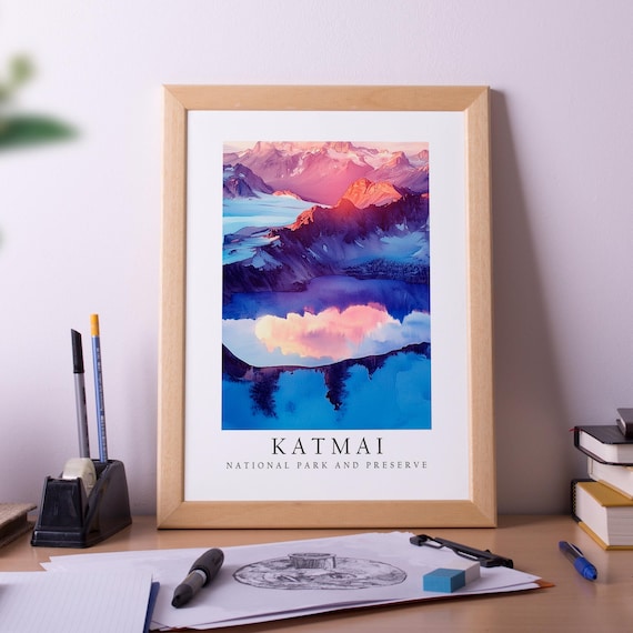 Katmai Alaska Mountain Lake Reflection National Park Travel Poster