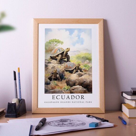 Ecuador Galapagos Islands National Park Giant Tortoise Watercolor Poster