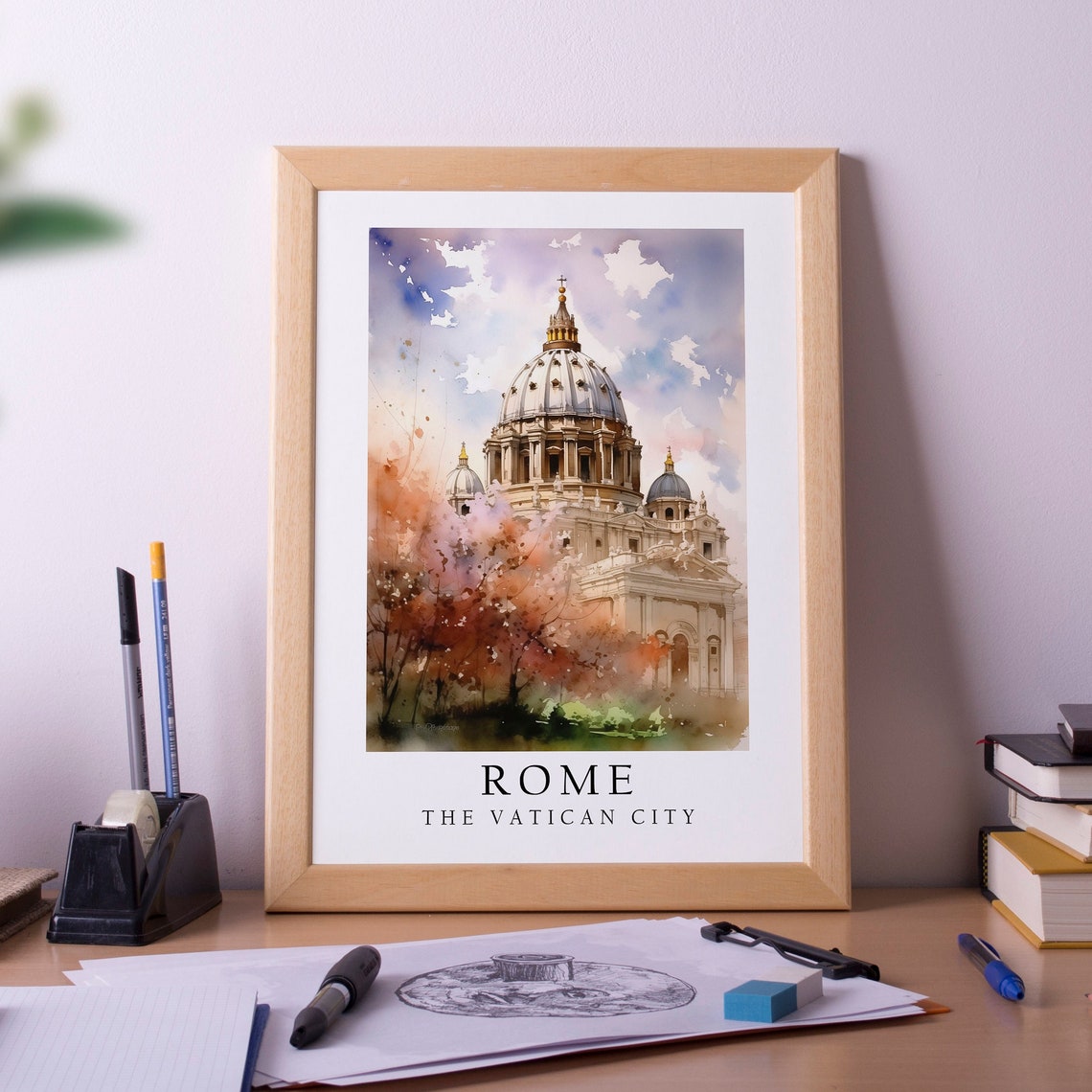 The Vatican City Rome Watercolor St Peters Basilica Travel Poster