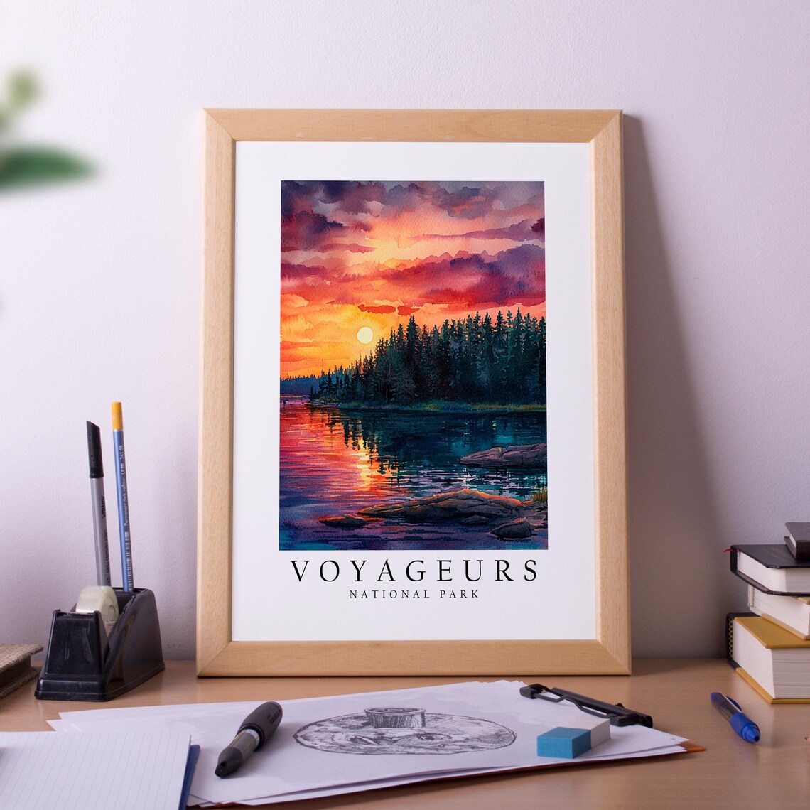 Voyageurs National Park Sunset Lake Watercolor Travel Poster