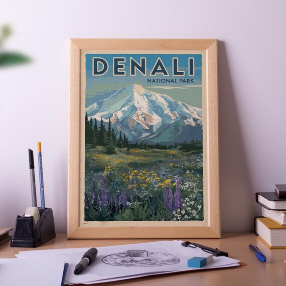Denali National Park Vintage Mountain Wildflowers Travel Poster