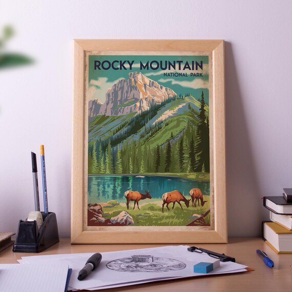 Rocky Mountain National Park Elk Lake Vintage Travel Poster Art