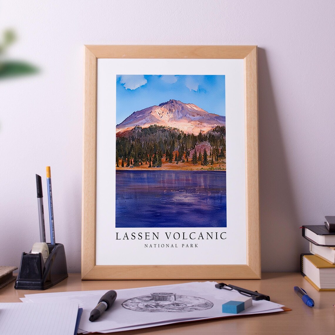 Lassen Volcanic National Park Mountain Lake Watercolor Travel Poster