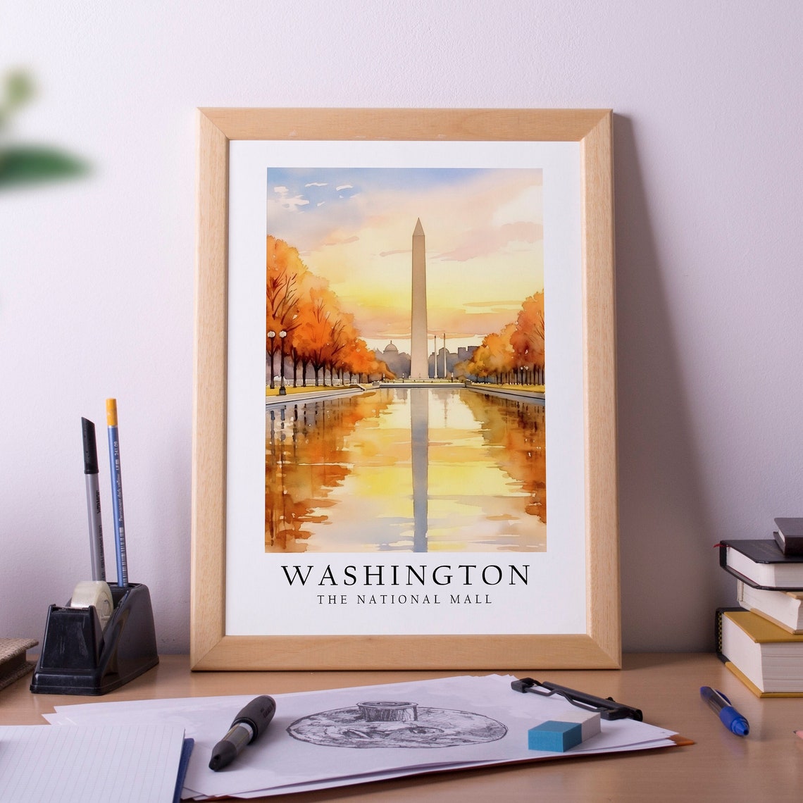 Washington Monument at Sunset The National Mall Watercolor Poster