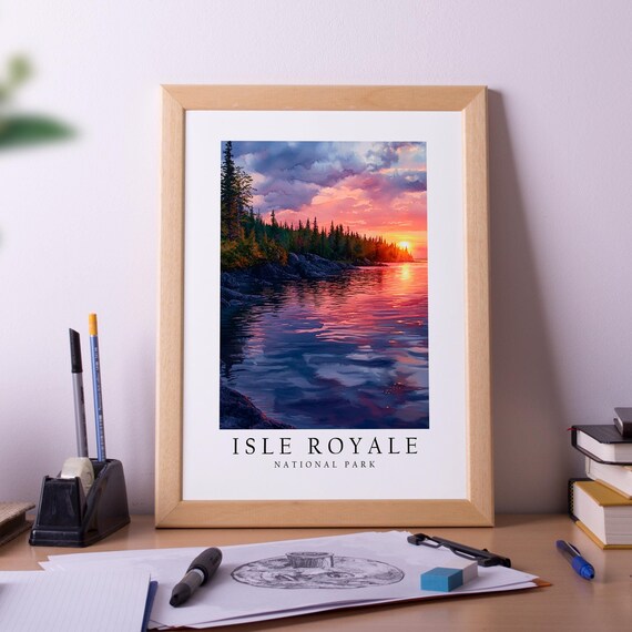 Isle Royale National Park Sunset Watercolor Lakeside Travel Poster