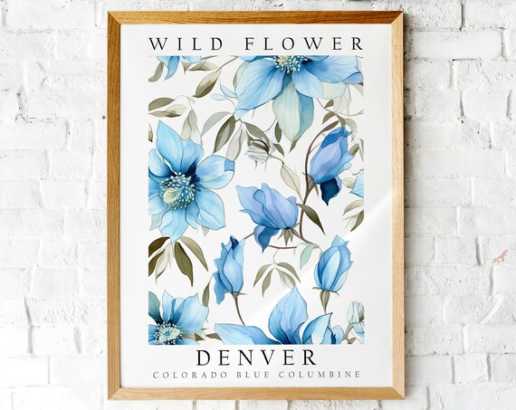 Denver Colorado Blue Columbine Wild Flower Botanical Illustration Poster