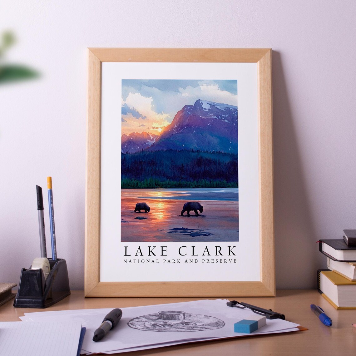 Lake Clark Alaska Sunset Bears Mountain Lake National Park Poster