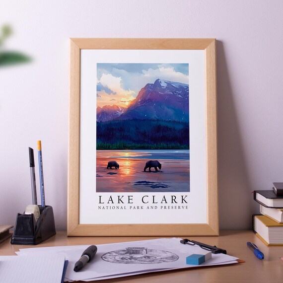 Lake Clark Alaska Sunset Bears Mountain Lake National Park Poster