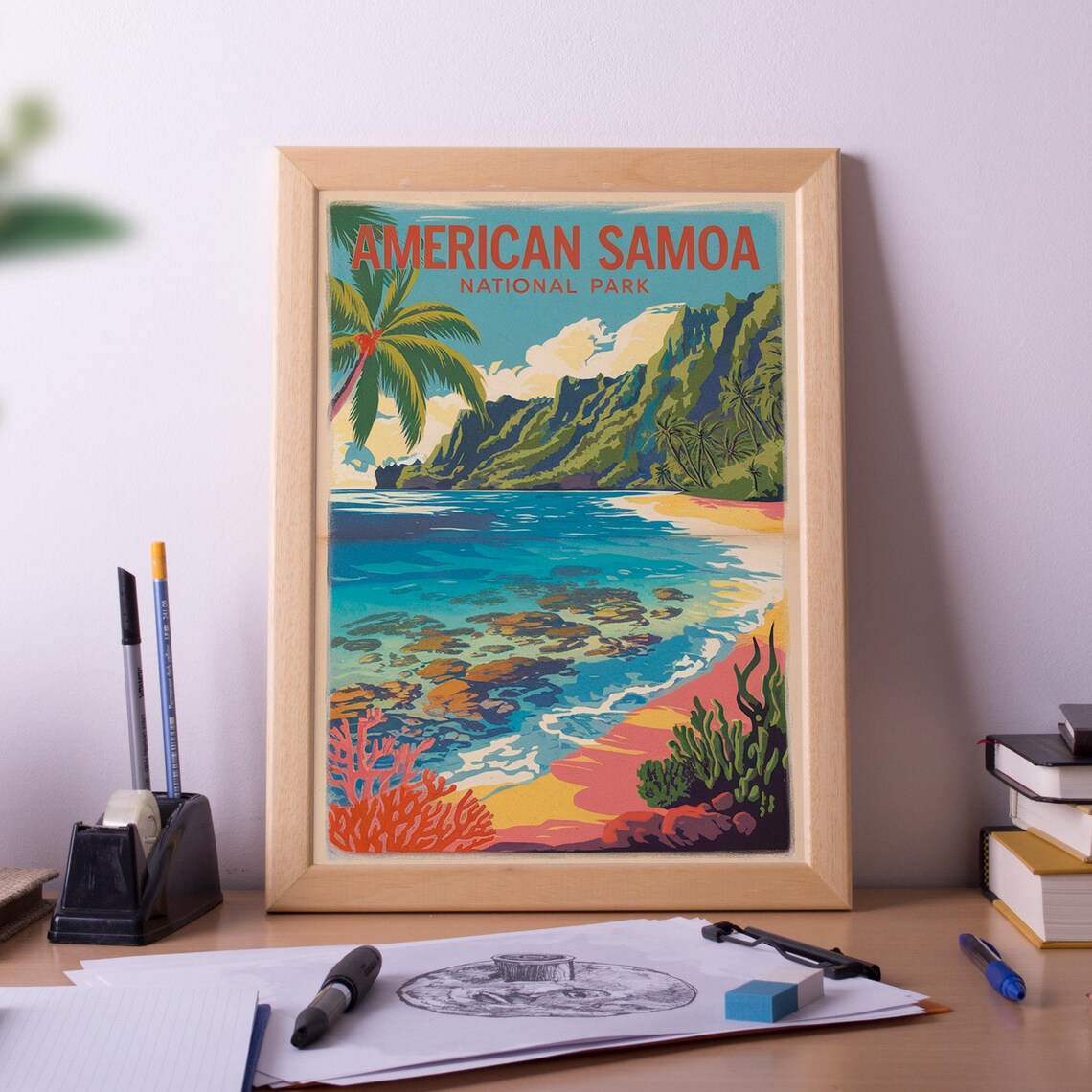 American Samoa National Park Tropical Beach Palm Vintage Art Poster