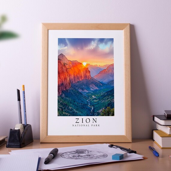 Zion National Park Sunrise Canyon Cliffs Watercolor Travel Poster