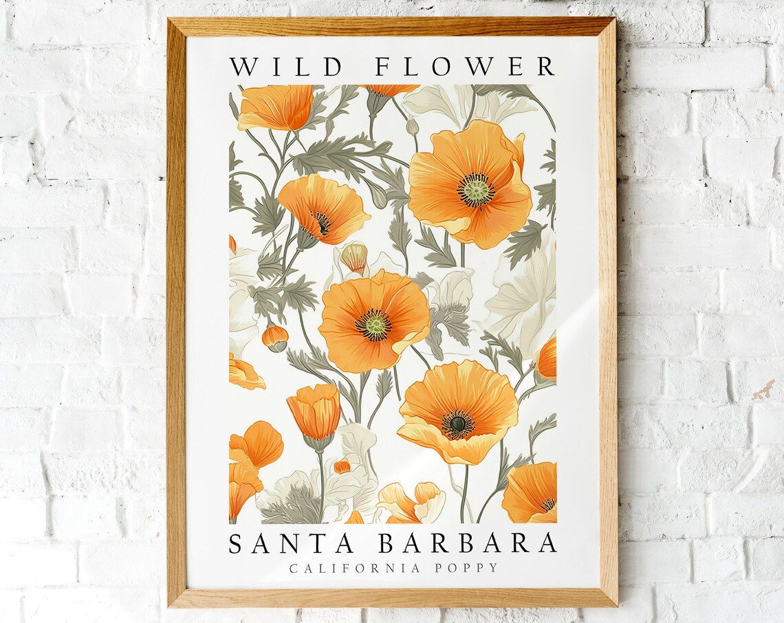 Santa Barbara California Poppy Orange Wildflower Botanical Art Poster