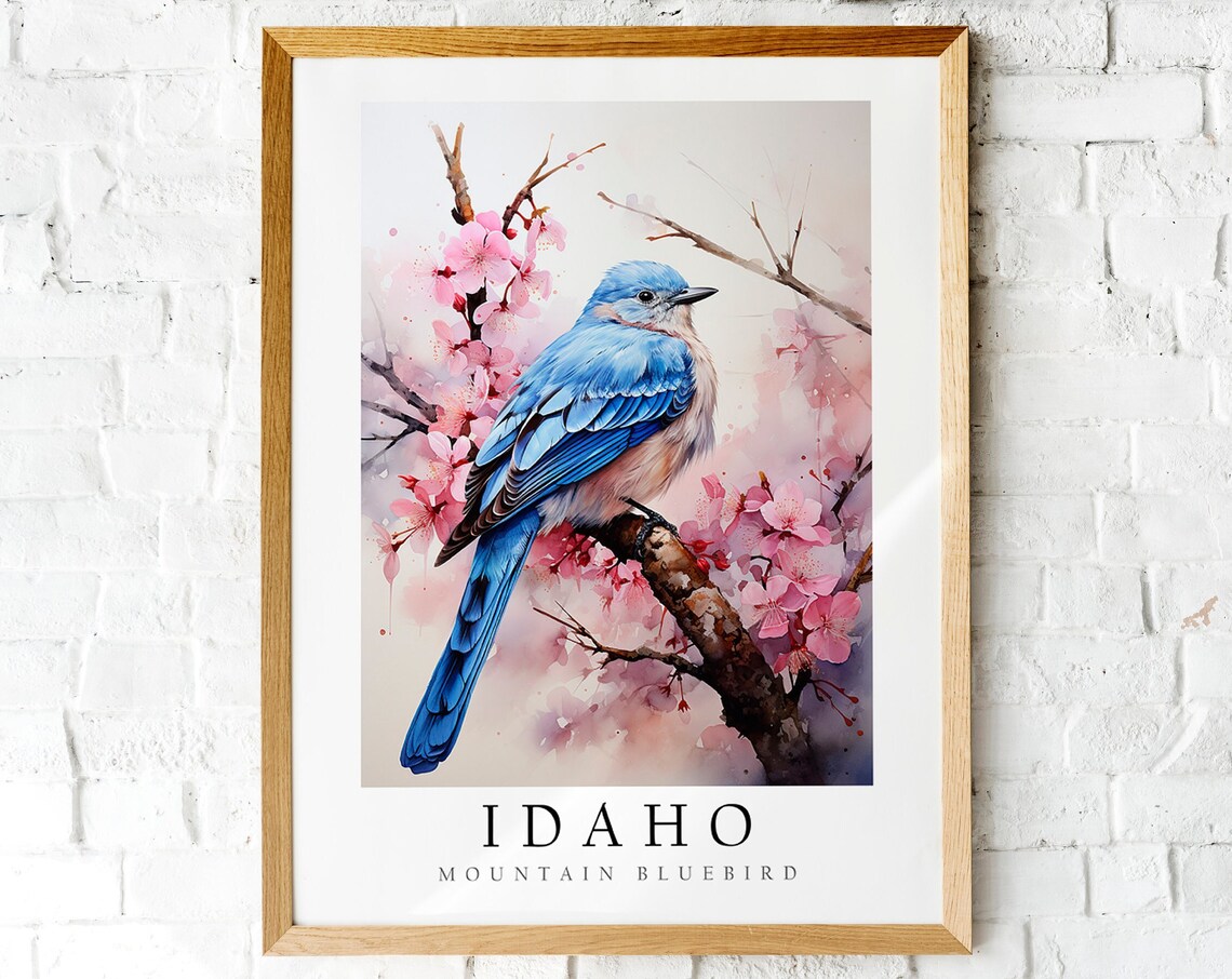Idaho Mountain Bluebird on Blossoms Watercolor State Bird Print