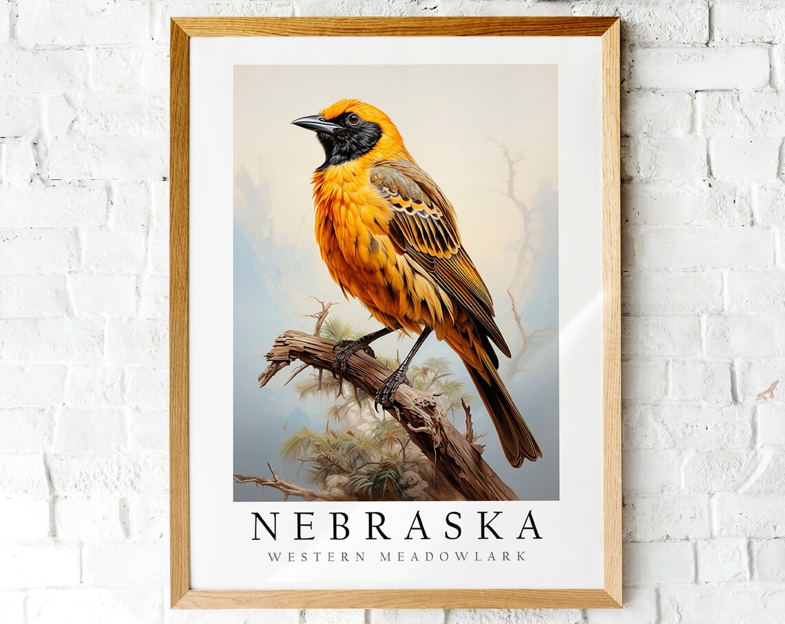 Western Meadowlark Nebraska State Bird Botanical Painting Art Print