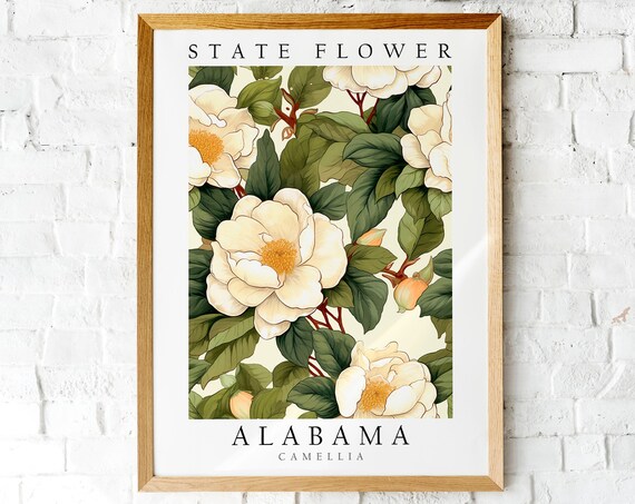 White Camellia Blossoms Alabama State Flower Vintage Botanical Art Print