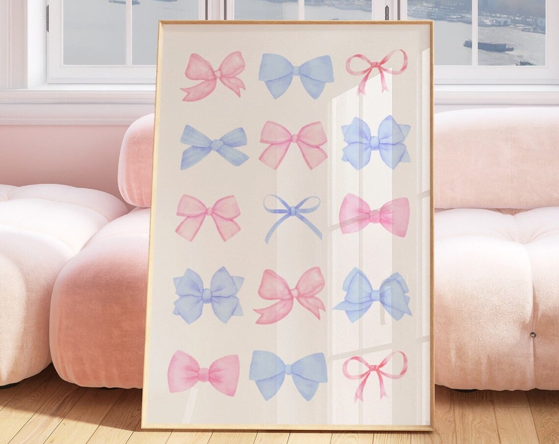 Pink Bow Print Blue Bow Poster, Preppy Aesthetic - Image 4