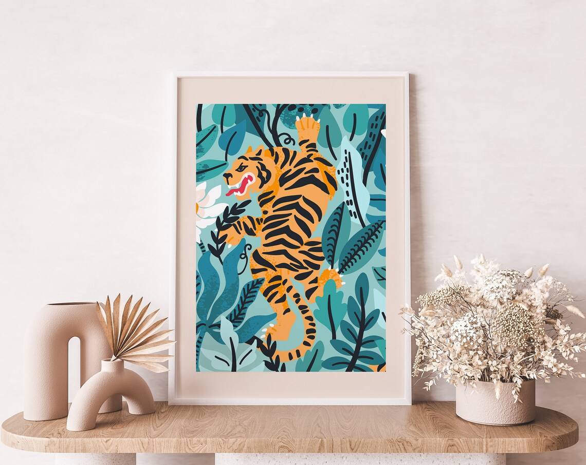 Bold Orange Tiger In Tropical Teal Jungle Leaves Art Poster For Living Room Decor - Image 3