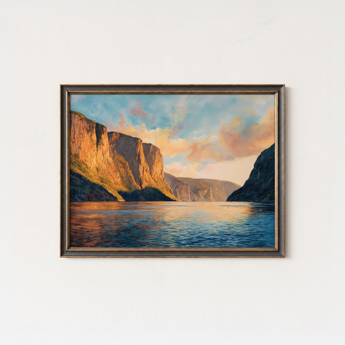 Coastal Cliffs Golden Sunset Fjord Ocean Landscape Painting Poster