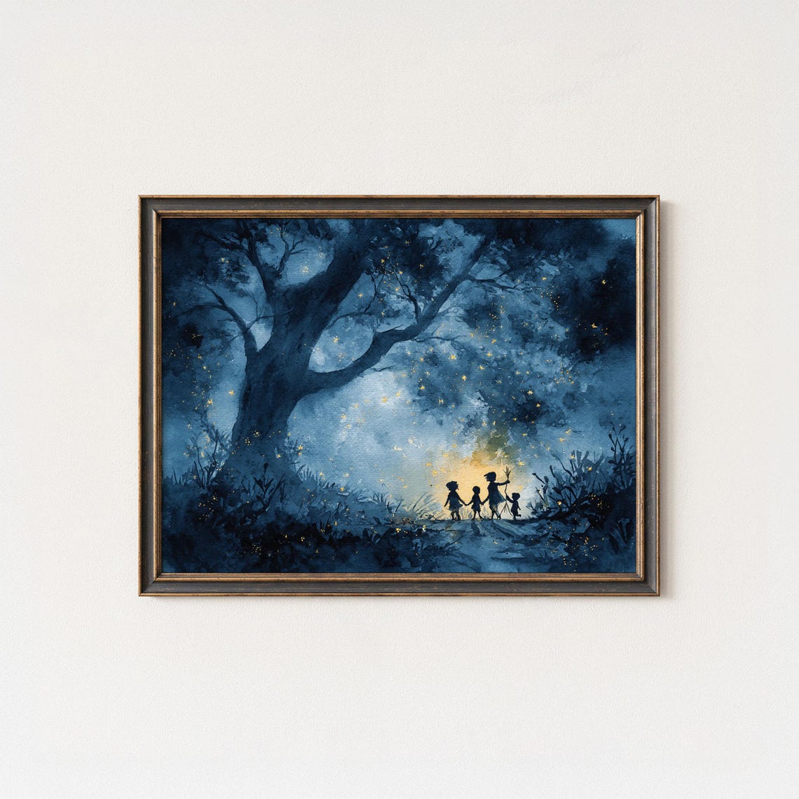 Children Chasing Fireflies Whimsical Night Forest Watercolor Poster