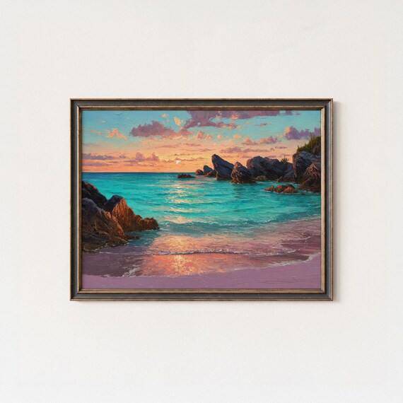 Bermuda Pink Sand Beach Sunset Turquoise Ocean Tropical Seascape Poster