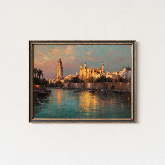 Seville Cathedral Art Print Spain Cityscape Giralda Tower Reflection