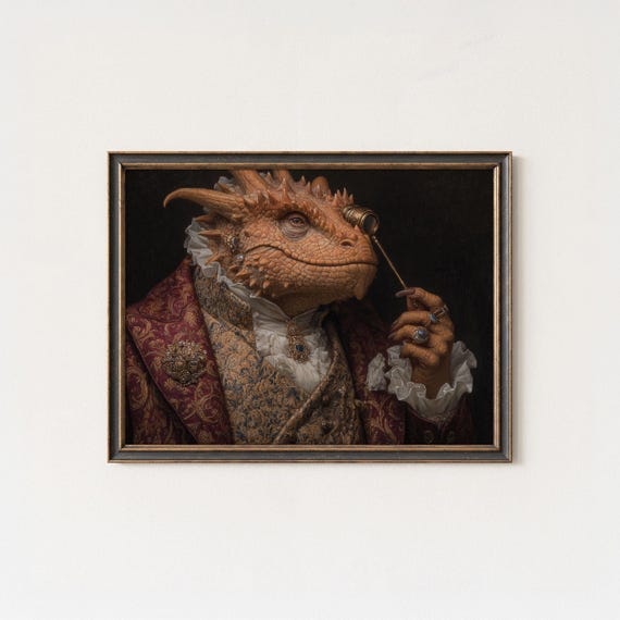Dragon Aristocrat Wall Art Victorian Steampunk Noble Portrait Gothic Fantasy Print Medieval Reptile Home Decor