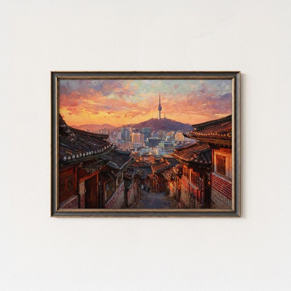 Seoul Sunset Print Korea Wall Art Hanok Street Skyline Painting