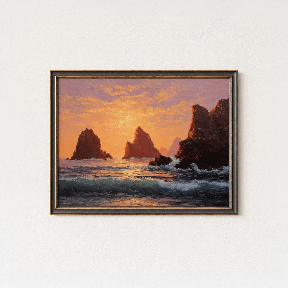 Golden Sunset Waves Crashing Rocky Ocean Sea Stacks Oil Poster