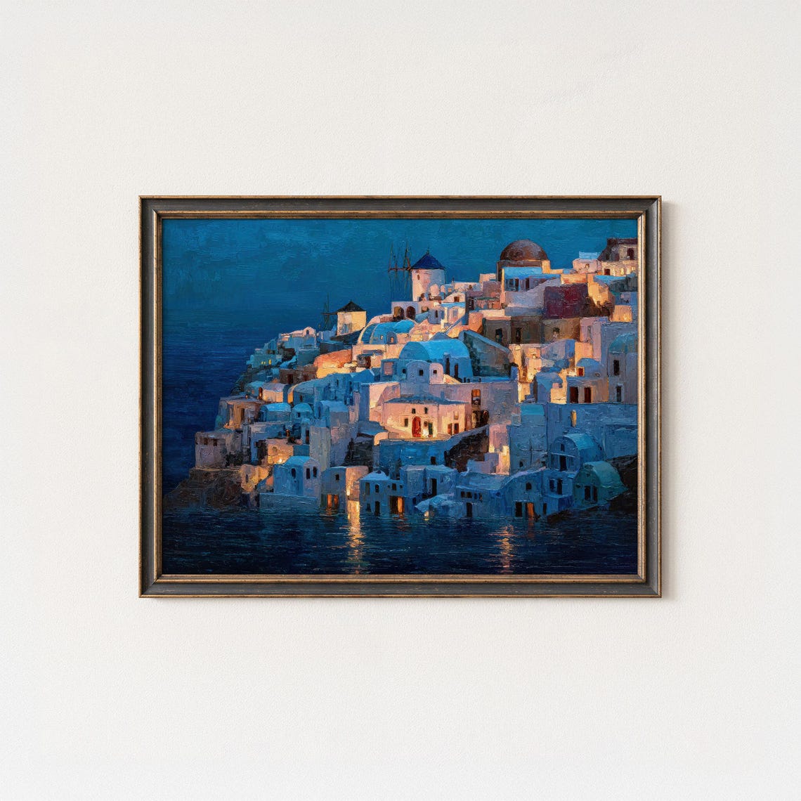 Santorini Greece Blue Night Whitewashed Village Windmill Sea Poster