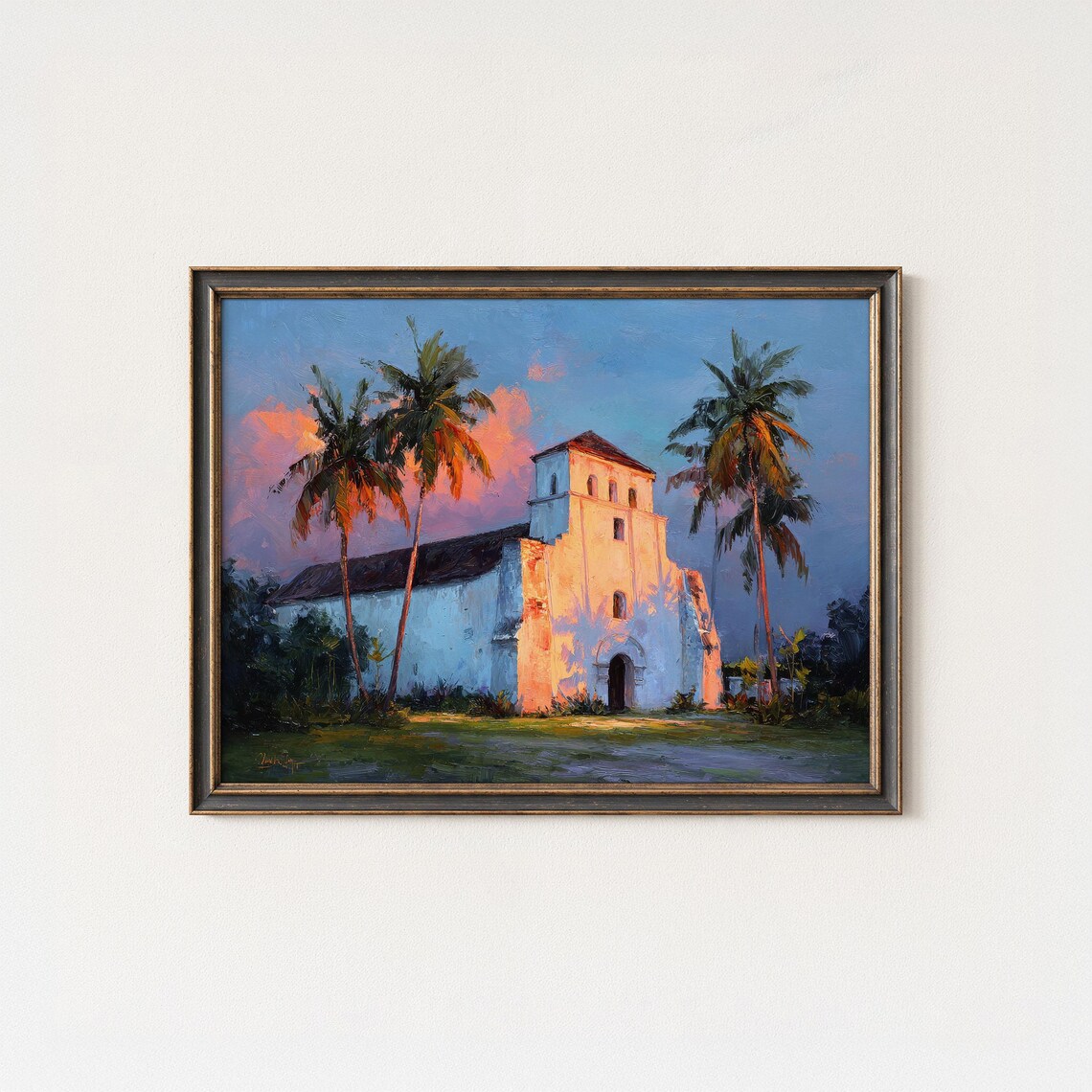 Spanish Mission Church at Sunset Palm Trees Oil Painting Poster
