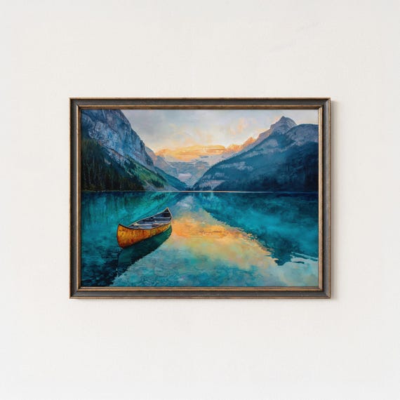 Lake Louise Canoe Print Banff Mountain Reflection Landscape Art