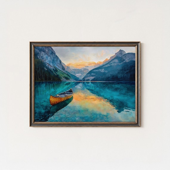 Red Canoe on Turquoise Mountain Lake Sunrise Reflection Poster