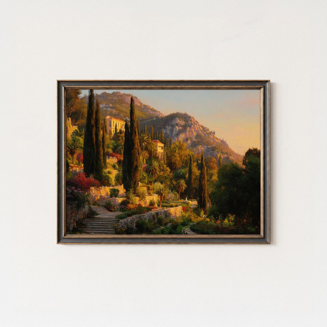 Tuscan Villa Garden Sunset Mediterranean Oil Painting Poster