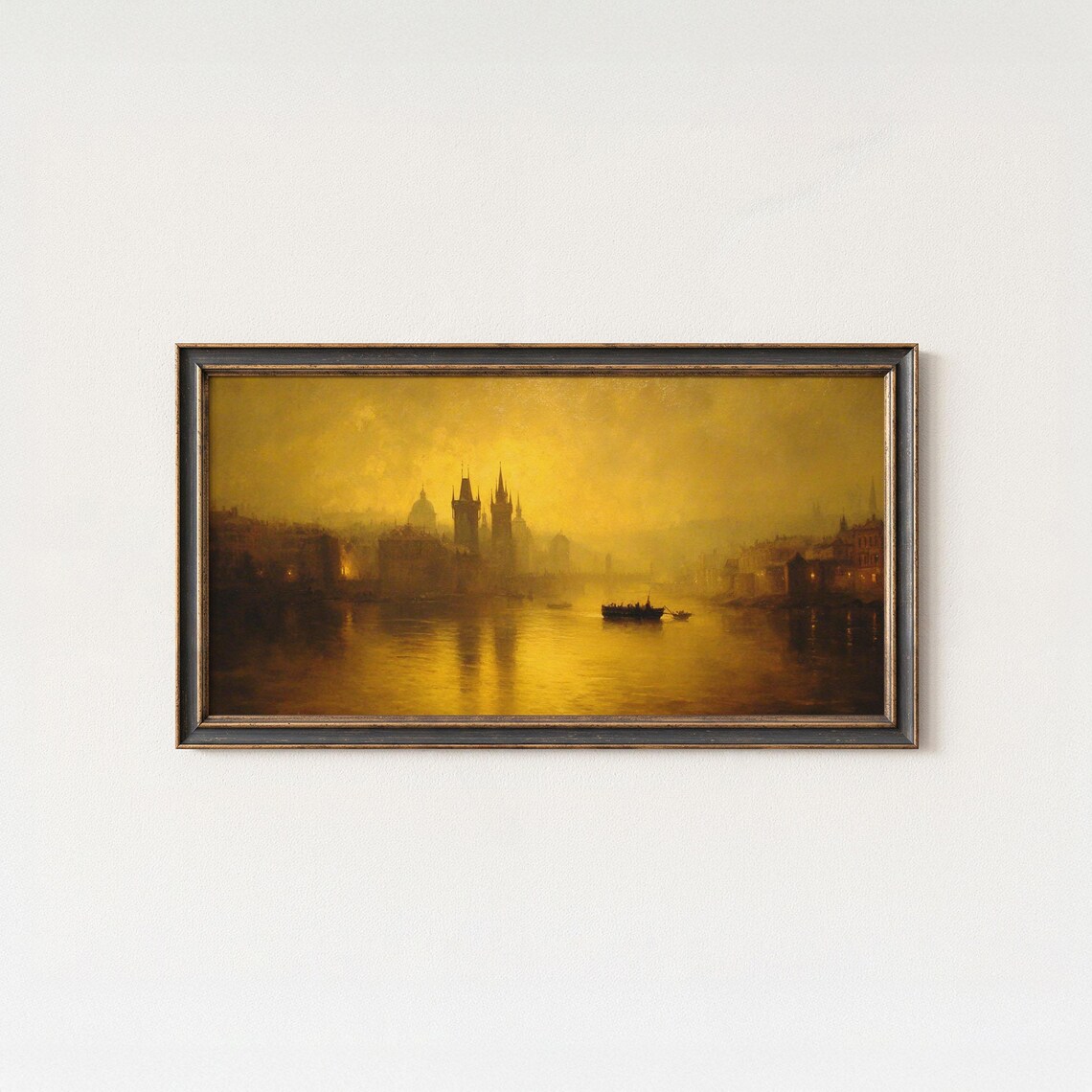Prague Castle Golden Fog Vltava River Panoramic Vintage Painting Poster