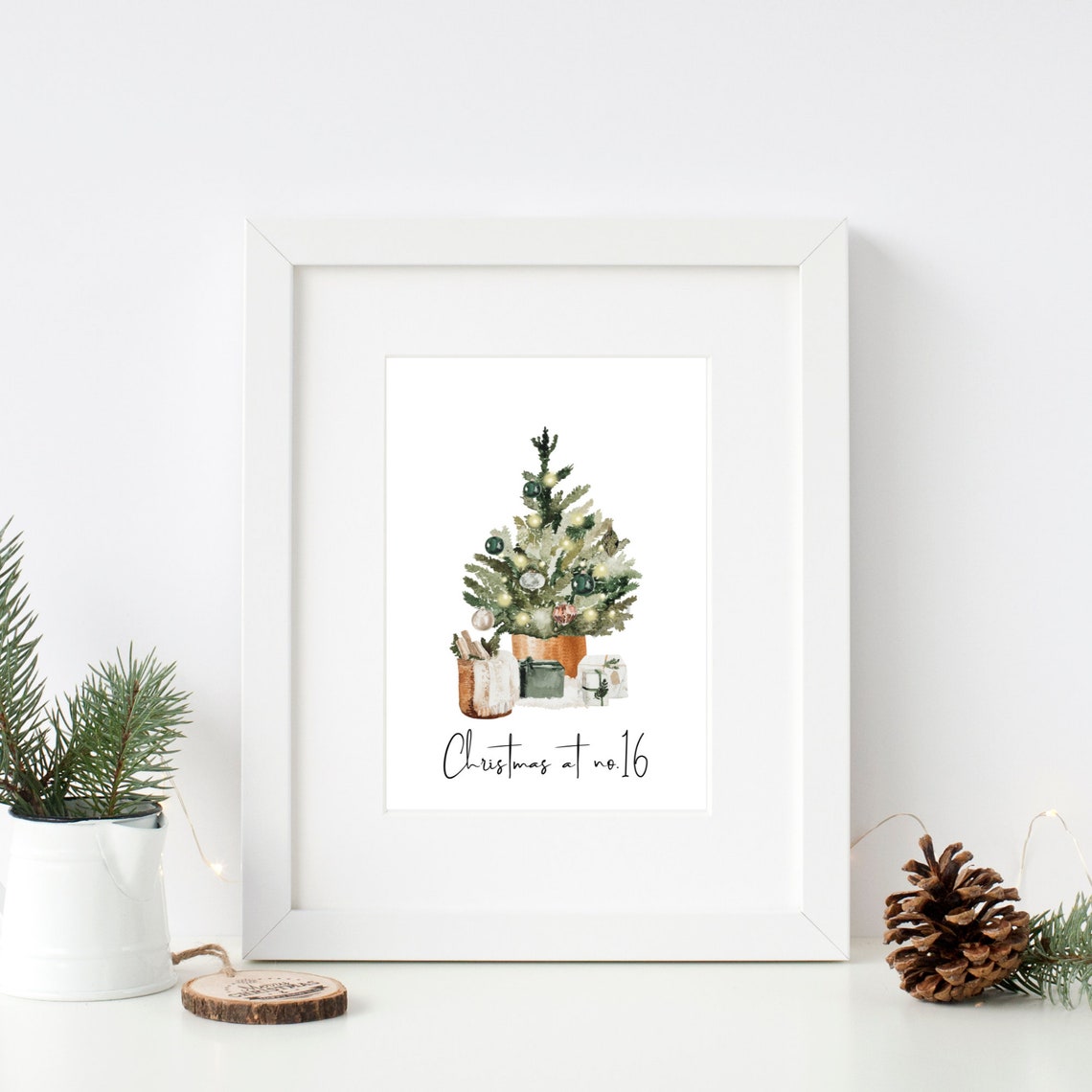 Christmas At No 16 Terracotta Pot Tree Watercolor Holiday Wall Poster