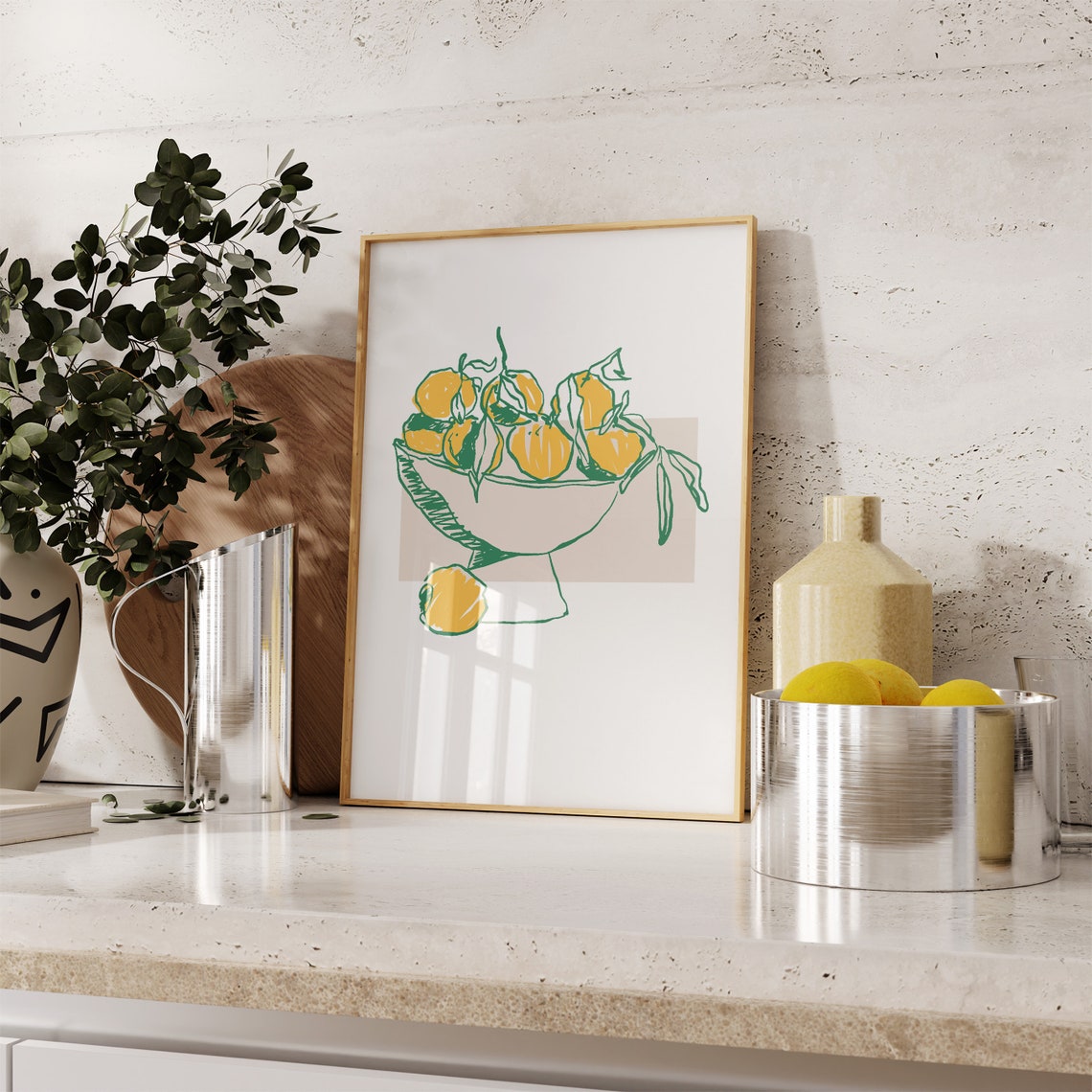 Lemon Bowl Sketch Green Line Art Modern Kitchen Citrus Poster - Image 2