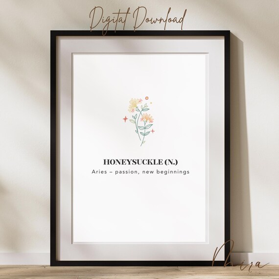 Honeysuckle Birth Flower Aries Zodiac Minimalist Astrology Poster
