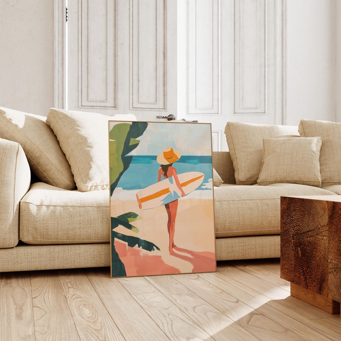 Surfer Girl Straw Hat Surfboard Beach Retro Coastal Art Poster - Image 3