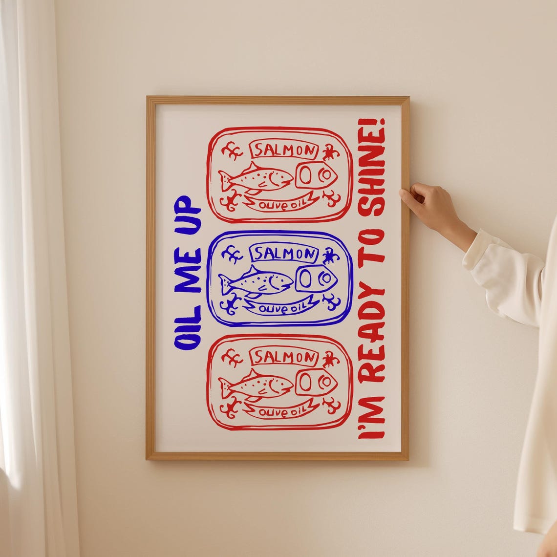 Oil Me Up Sardine Tin Funny Red Blue Retro Seafood Kitchen Wall Poster