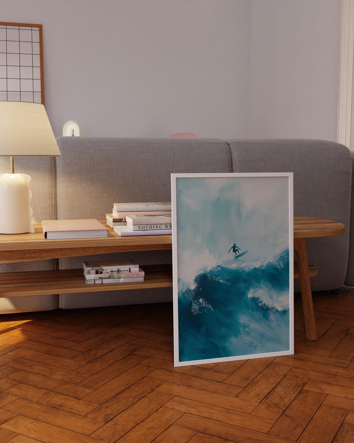 Surfer Silhouette Big Blue Wave Painterly Coastal Ocean Art Poster - Image 5
