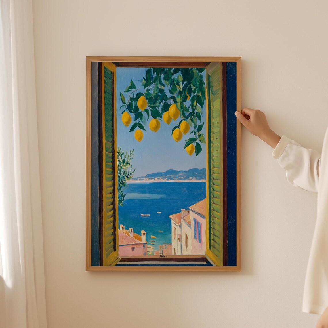 Mediterranean Lemon View Through Shutters Coastal Holiday Art Poster