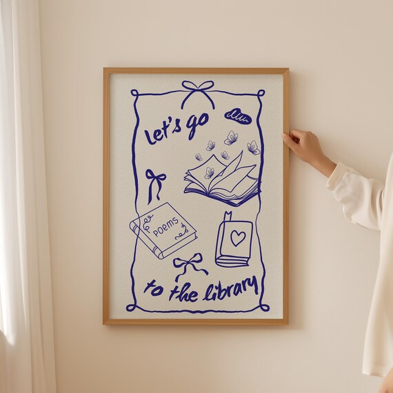 Lets Go to the Library Navy Hand Drawn Line Art Bookish Poster