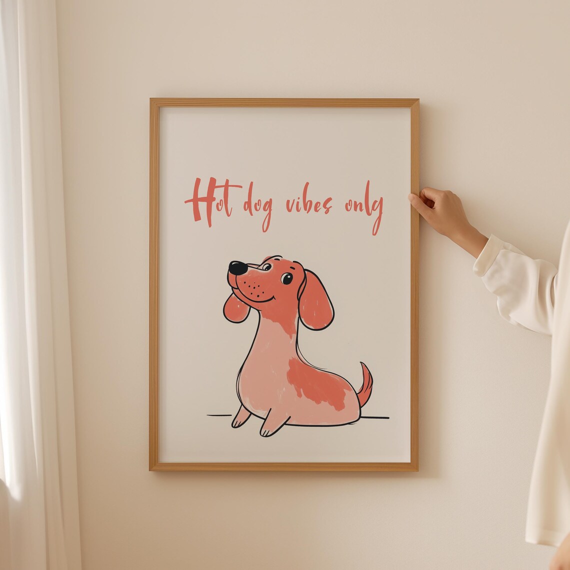 Hot Dog Vibes Only Cute Coral Cartoon Dachshund Illustration Poster