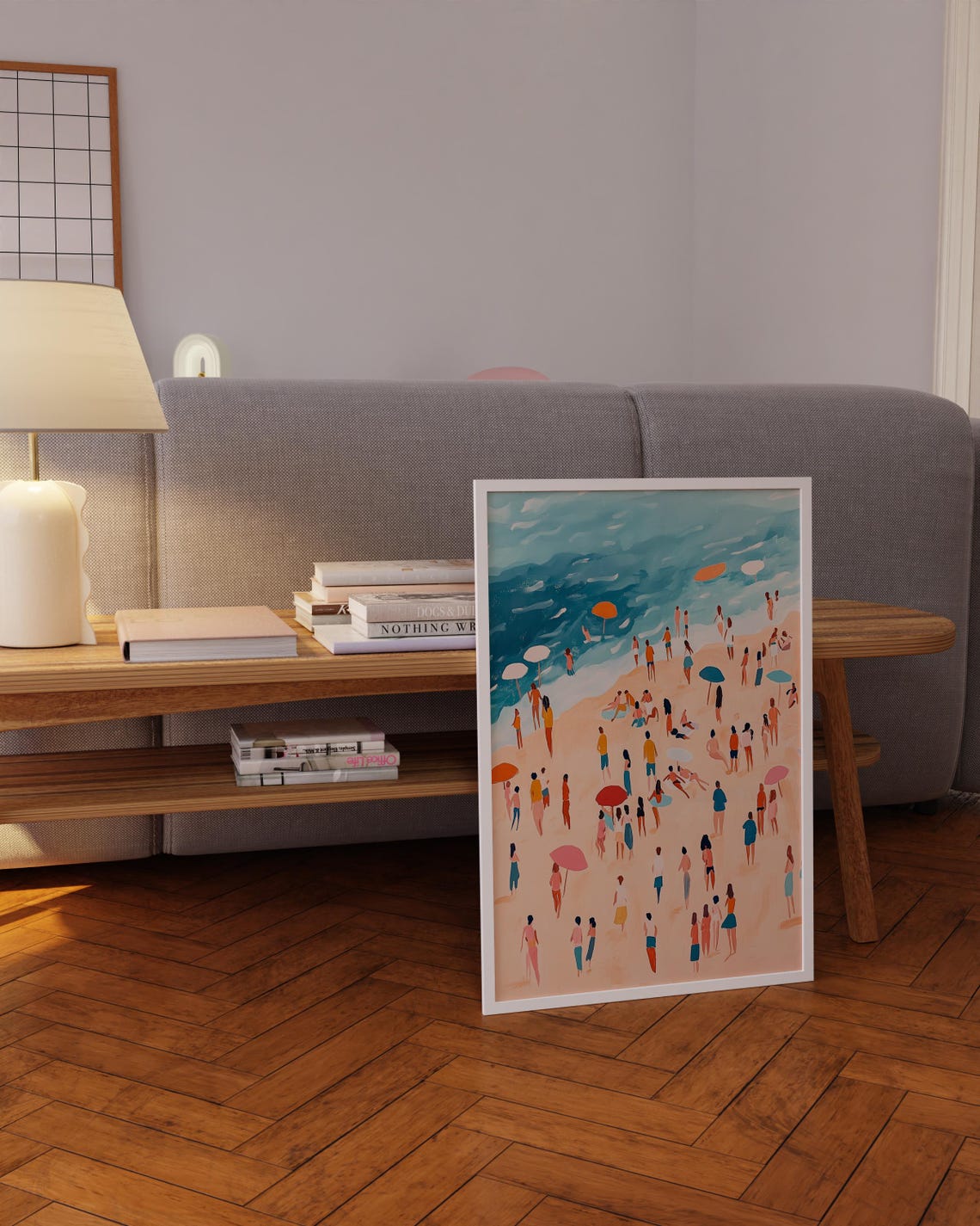 Peach Beach Crowd Umbrellas Summer Illustration Art Wall Poster - Image 5