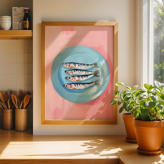 Funky Sardine Oil Poster Pink Fish Wall Art Dopamine Decor Oyster Fisherman Print Trendy Kitchen Prints