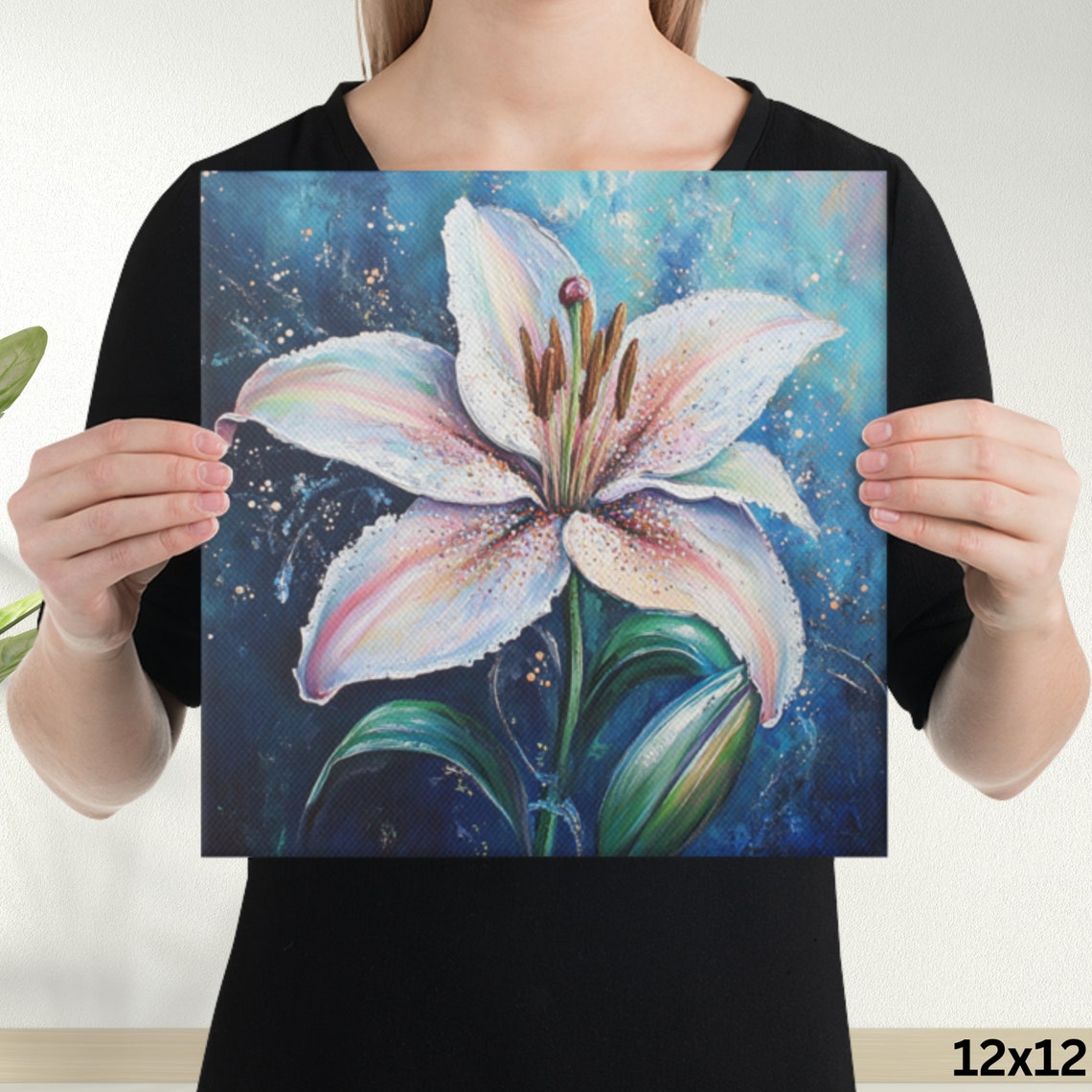 White Lily Bloom Iridescent Petals On Deep Blue Print Poster - Image 3