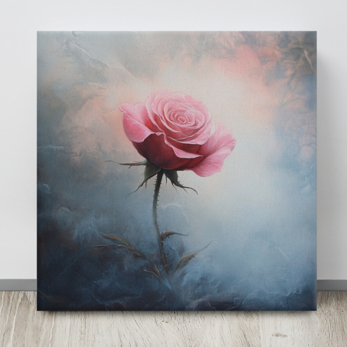 Pink Rose Thorny Stem Misty Smoky Blue Dreamy Mystical Art Poster - Image 4